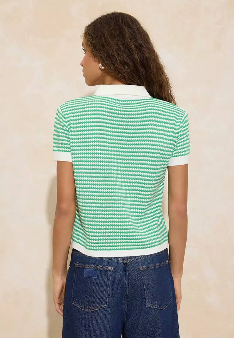 Green Polo Neck Striped Knitwear Medium Blouse Twoss25Bz183