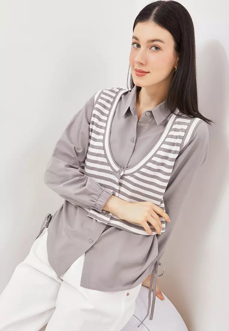 Jual Graphis GRAPHIS Side Ruched Shirt with Stripe Vest Set Original ...