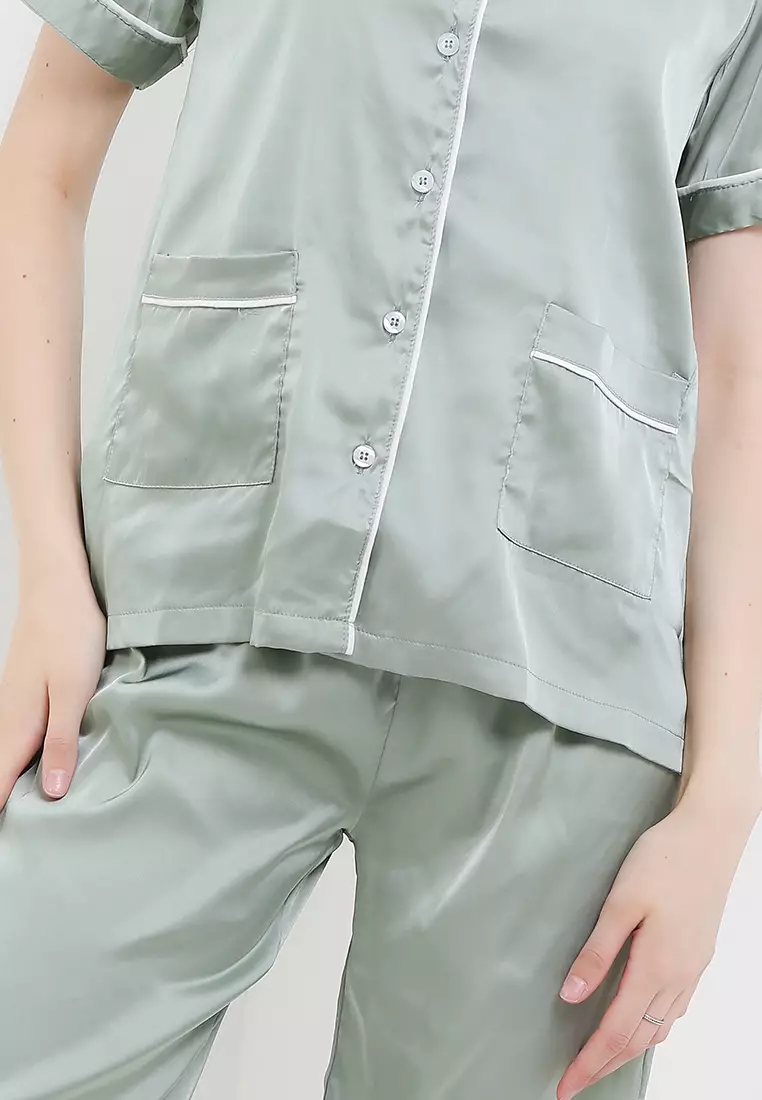 Piyama Pyjama Baju Tidur Satin Silk Couple Mens Short Sleeve Short Pants Sleepwear