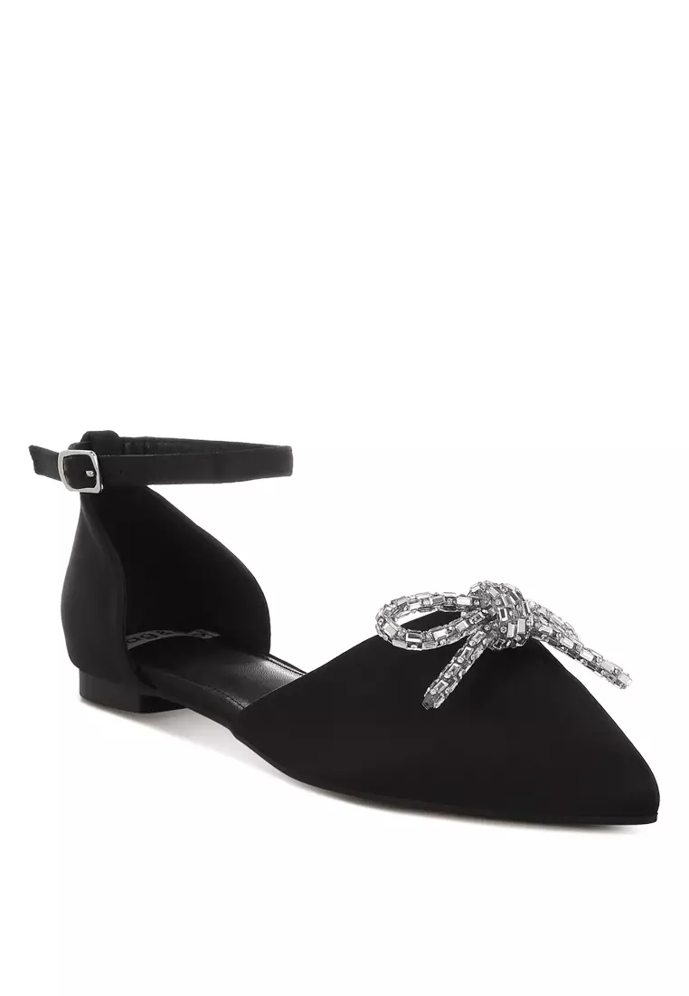 Rhinestone Detail Bow Flat Sandals in Black