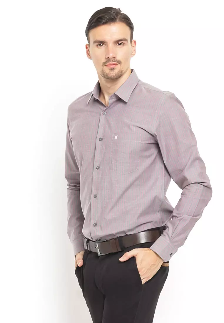 Johnwin - Slim Fit - Kemeja Formal - Salur - Lengan Panjang - Abu