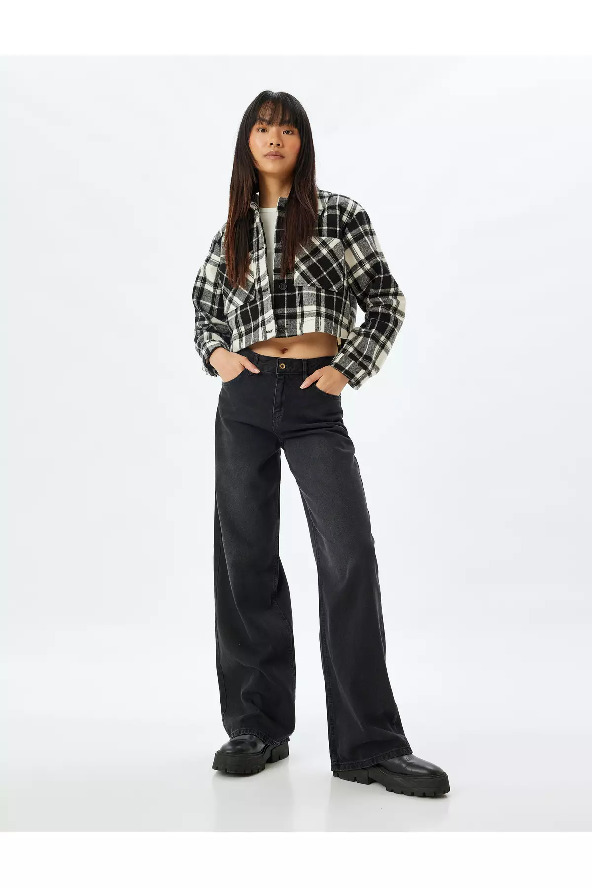 Plaid Crop Cashmere Shirt Jacket Hooded
