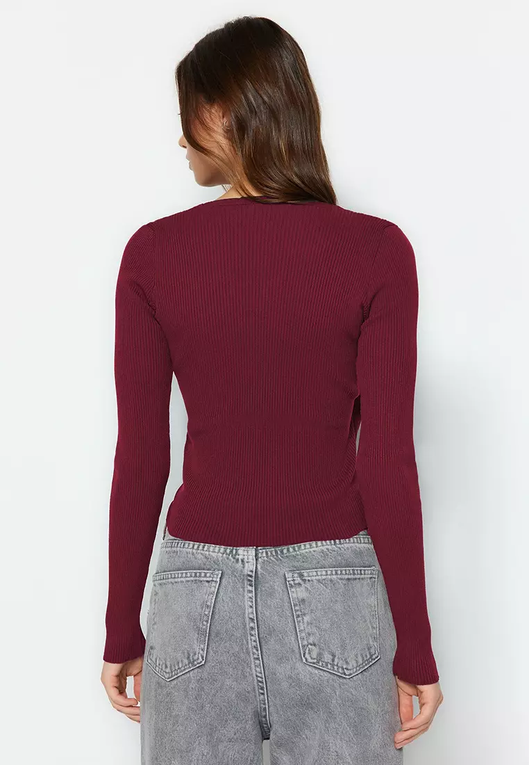Burgundy Double Breasted Gather Detailed Knitwear Sweater
