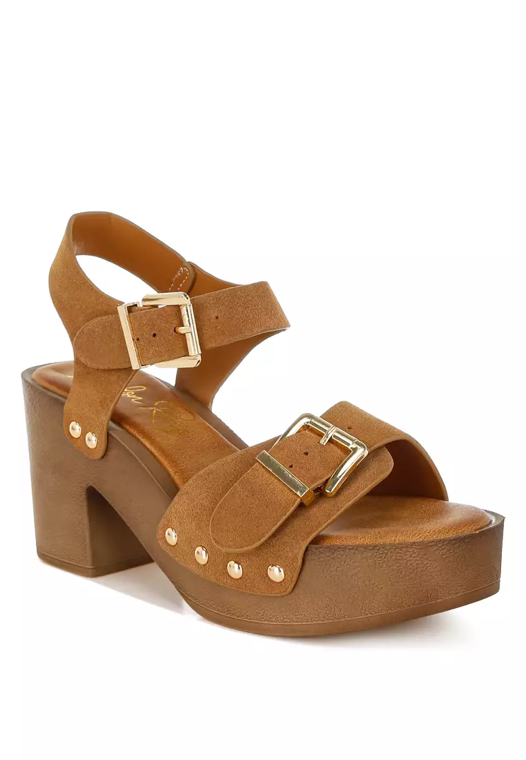 Real Suede Leather Clog Sandals In Tan