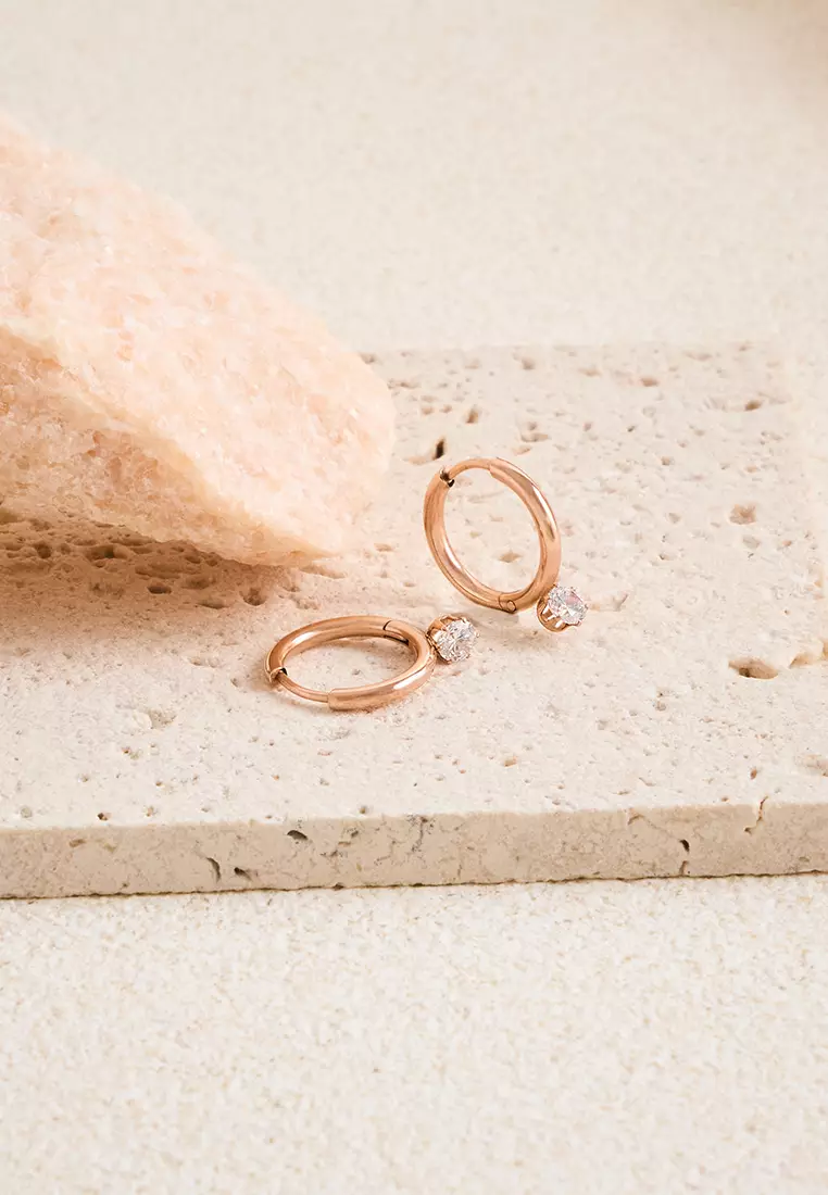 Lune Solitaire Drop Hoop Earrings in Rose Gold