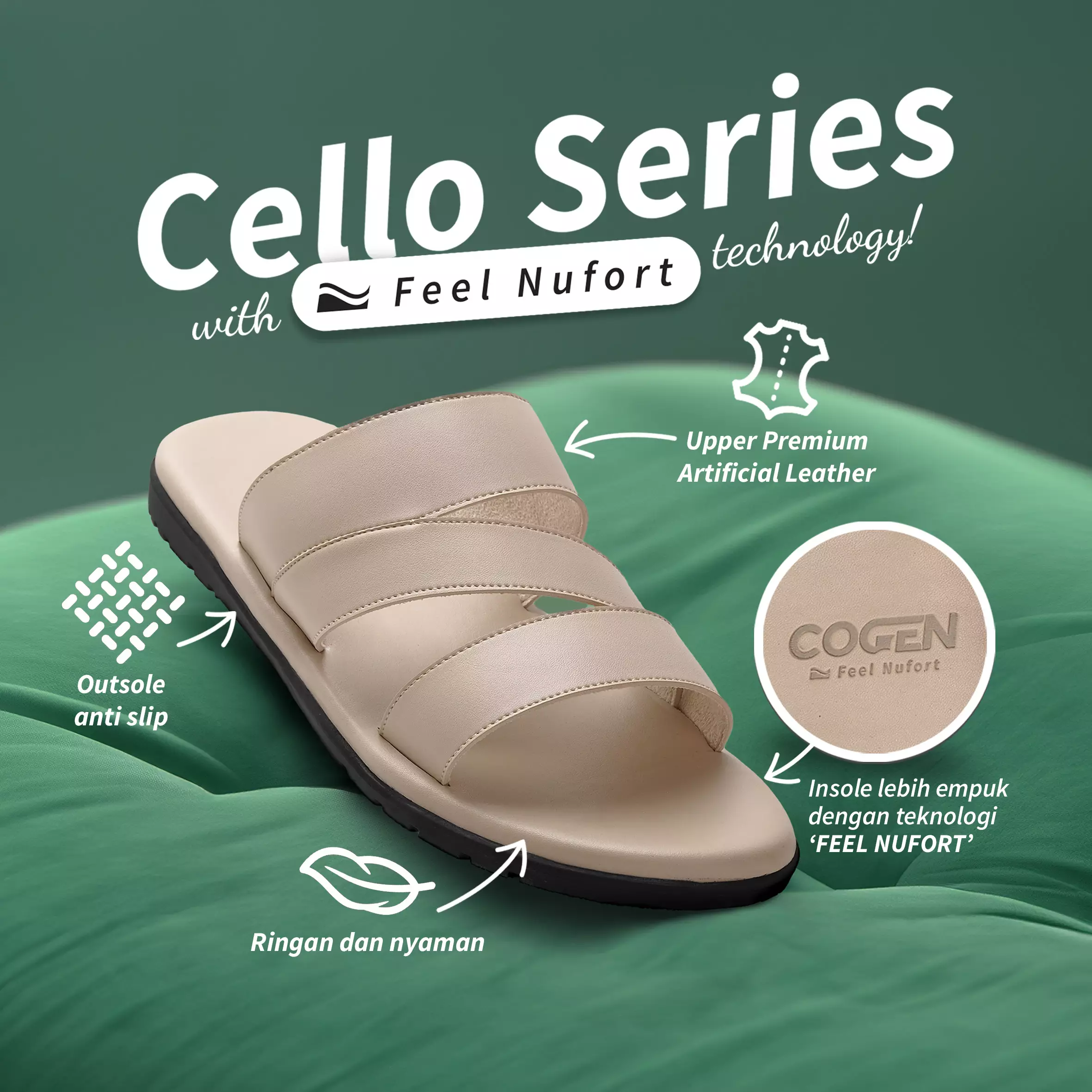 Cogen Sandal Pria Sendal Kulit Nyaman -  Feel Nufort - Cello Black Warna Cello Black