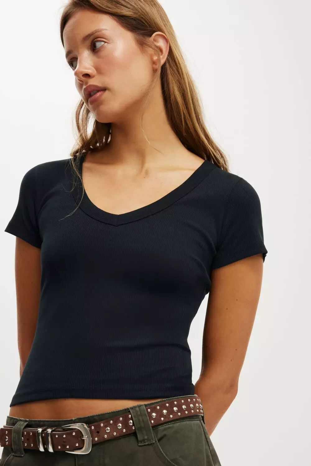 COTTON ON - ATASAN -GOLDIE RIB V NECK SHORT SLEEVE