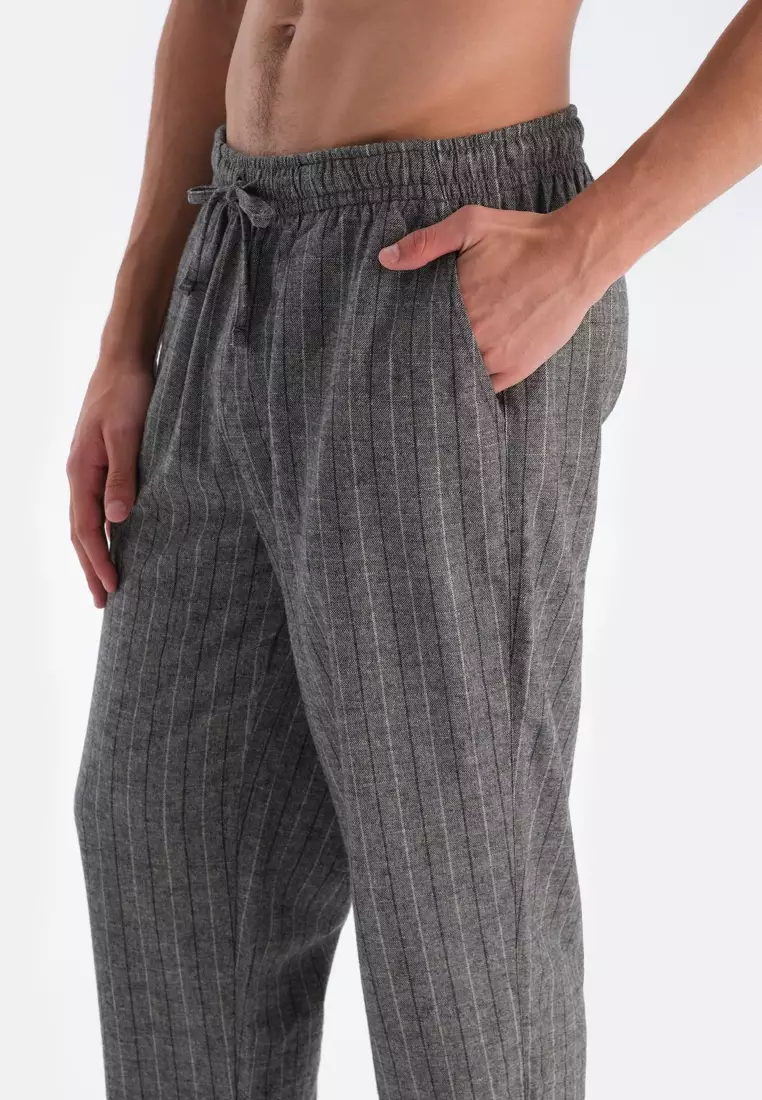 Grey Woven Trousers, Striped, Regular Fit, Sleepwear for Men