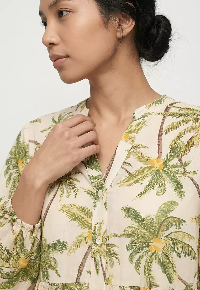 Tropical Print Long Sleeve Voile Beach Dress-Fall in Love E7745Ax25Sp