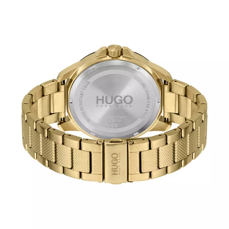 Jam Tangan Pria Hugo Boss 1530196 Men Multifunction Black Dial Gold Stainless Steel Strap
