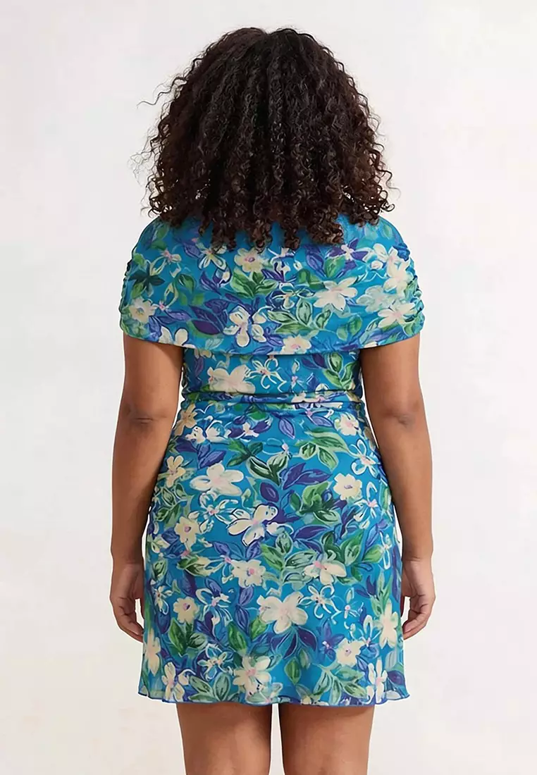 Limited Edition Blue Floral Print Tulle Knitted Plus Size Dress Tbbss26Ah00182