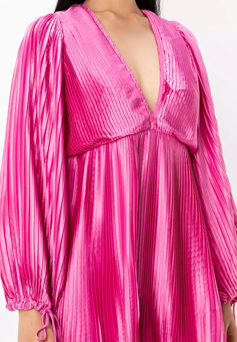 Satin Pleat Plunge Blouson Sleeves Mini Dress
