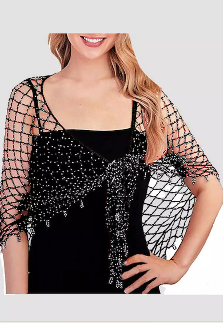 Aksesoris Wanita Beaded Triangle Scarf Segitiga Syal Wanita Black & Silver