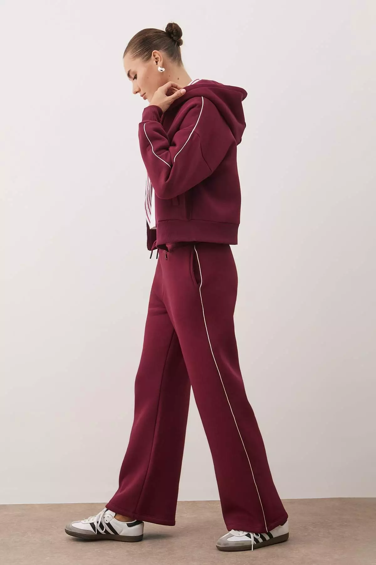 Burgundy Thick Ribbed Zippered Hooded Oversize/Wide Cut Knitted Tracksuit Set Twoaw26Em