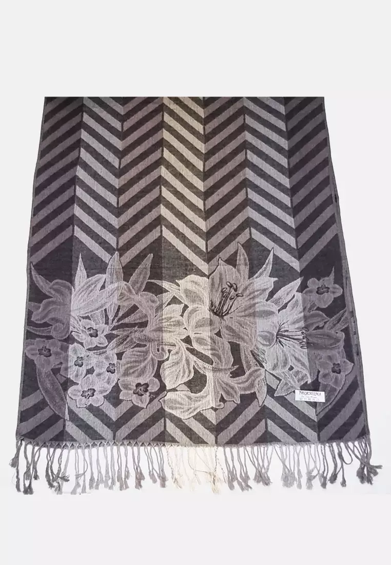 Aksesoris Wanita Viscose Zig Zag Flora Pattern Pashmina Shawl Syal Wanita Charcoal Black