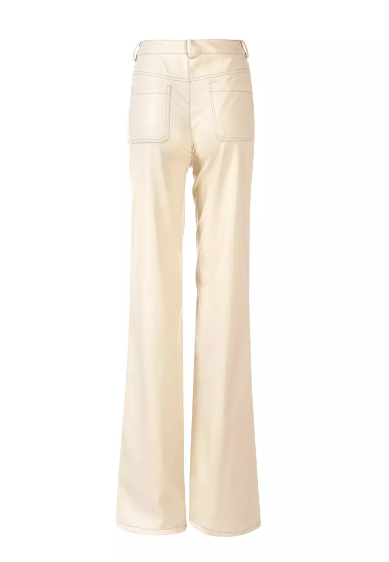 White Faux Leather Contrast Stitch Straight Leg Pants