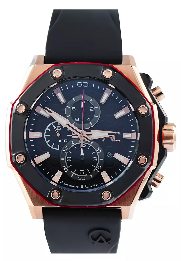 Alexandre Christie - Jam Tangan Chronograph Pria - Rosegold - Black Rubber Strap - 9601MCRBRBA