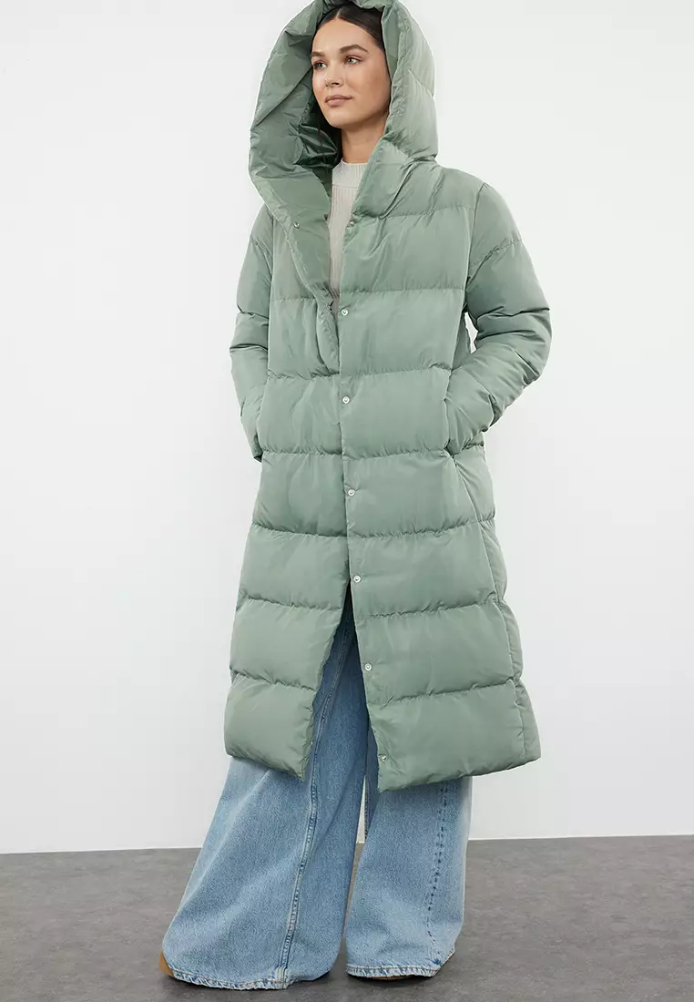 Light Khaki Regular Side Snap Closure Water Repellent Long Quilted Puffer Jacket TWOAW24MO00044