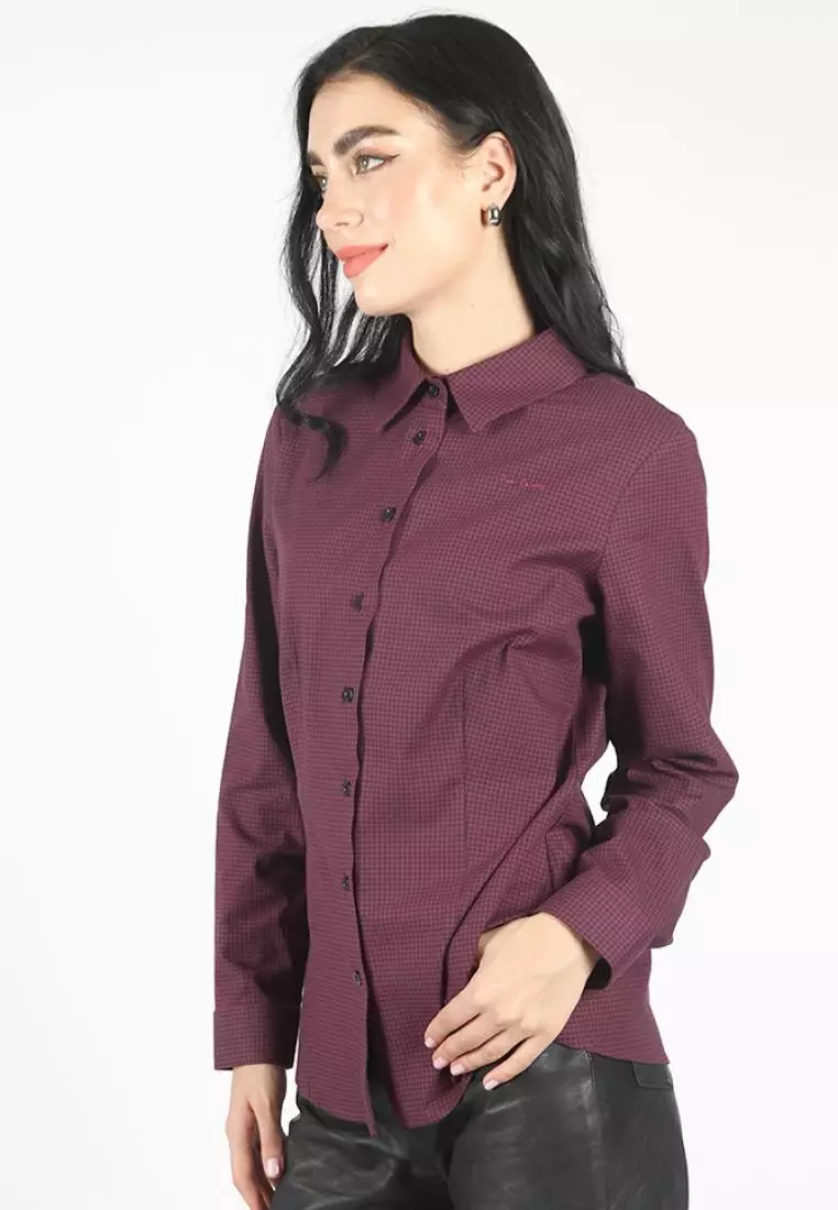 Kemeja Lengan Panjang Pierre Cardin Wanita Dark Aubergine Check