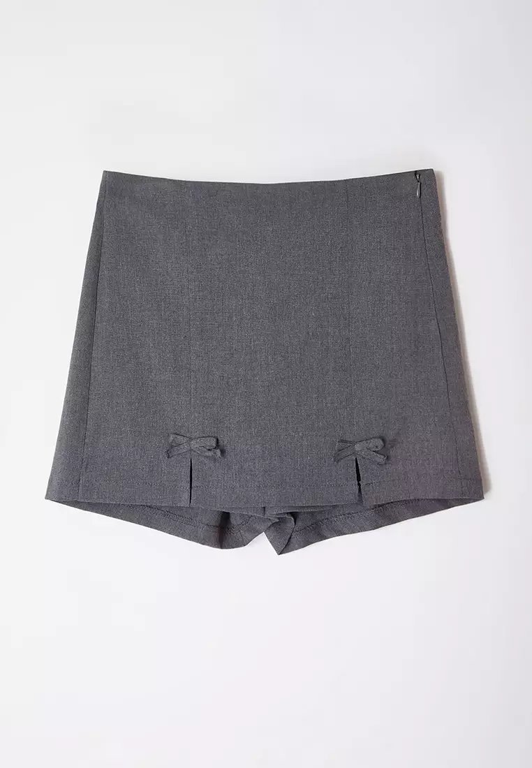 Gray Bow Detailed Slit Mini Woven Shorts Skirt TWOAW25SR00021