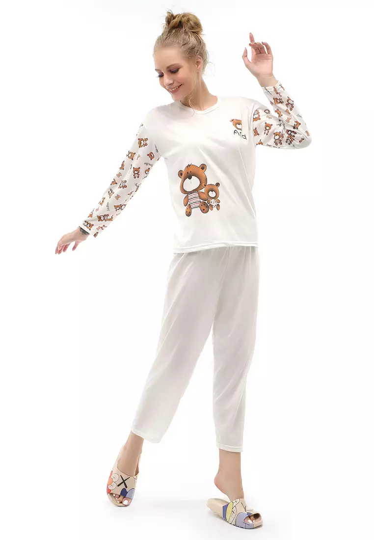 Vance Setelan Piyama Baju Tidur Wanita Lengan Panjang Motif And Bear Material Cotton ORIGINAL - White Cream