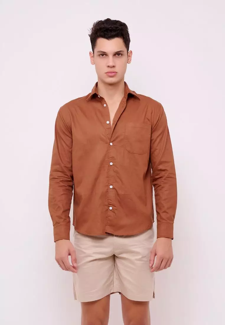 Palma Kemeja Panjang Pria Katun Organik Wood Coklat | Organic Cotton Long Sleeves Shirt Men Brown