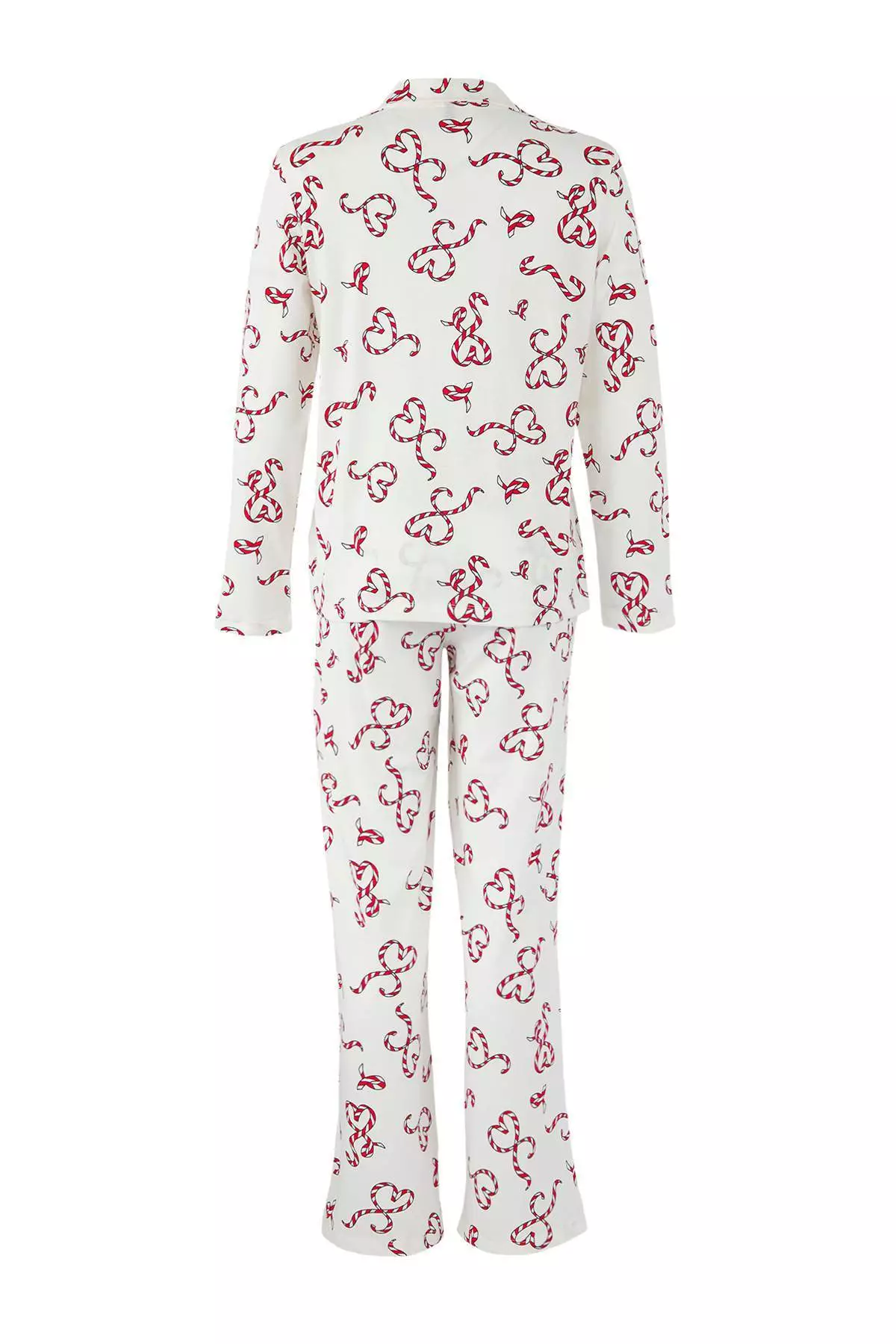 Ecru 100% Cotton Heart-Shaped New Year's Patterned Shirt Collar Knitted Pajama Set Thmaw26Pt00064