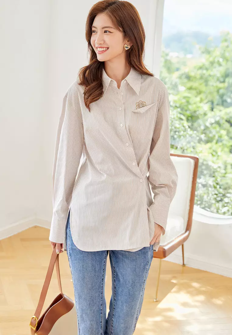 Loose Long Sleeve Casual Shirt with Stripe Design