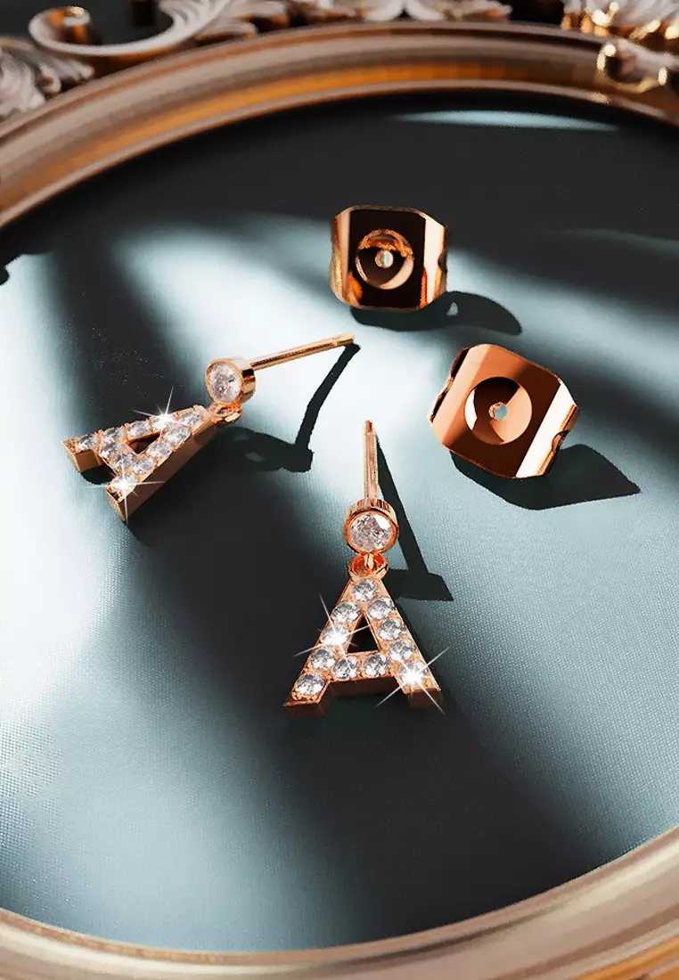 Solid 925 Sterling Silver Initial Crystal Personalised Alphabet Letter Earrings Rose Gold - A - Default