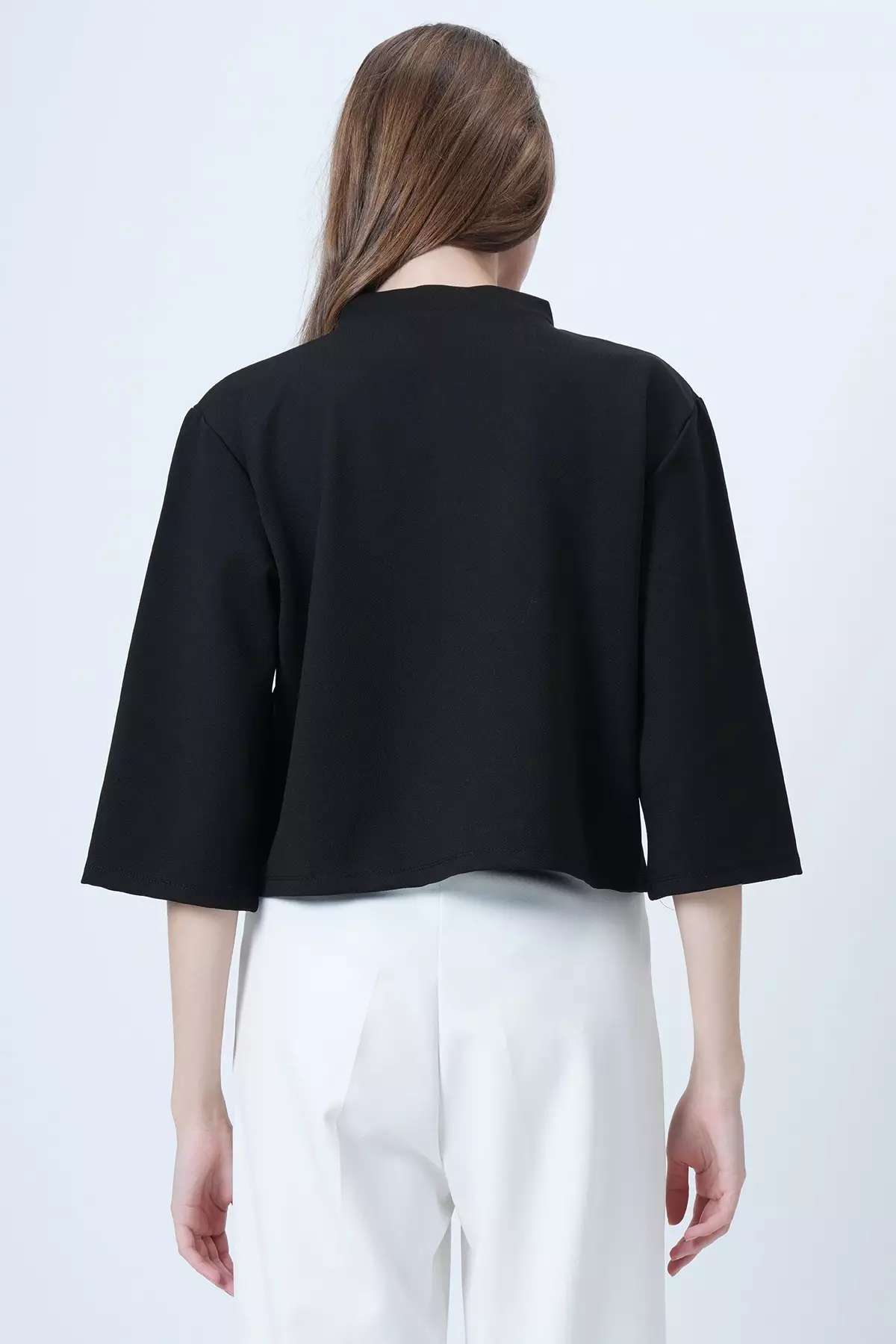 Black Coated Buttoned Crew Neck Special Design Crop Jacket Alc-X14647