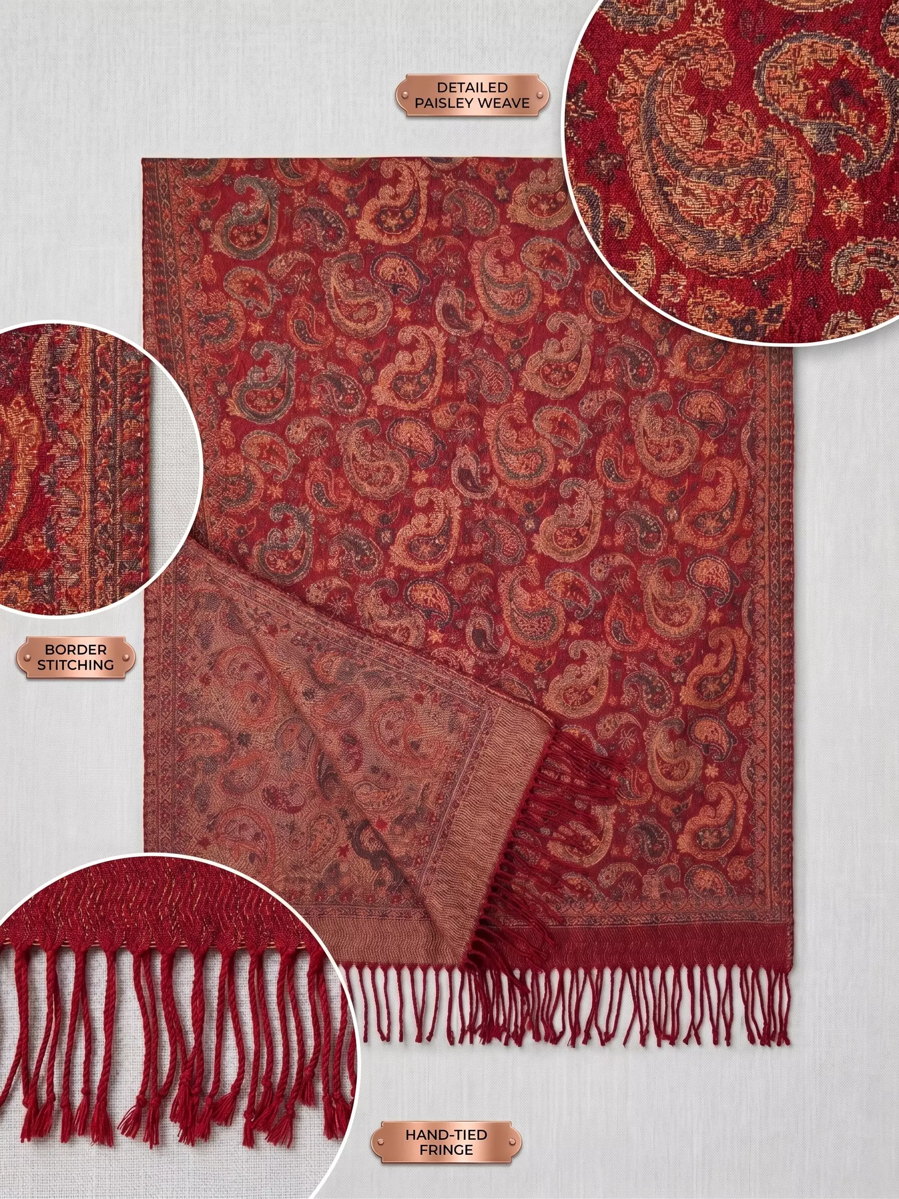Syal Wanita Tebal Kasmir Reversible Small Paisley Pattern Cashmere Pashmina Shawl Crimson Red
