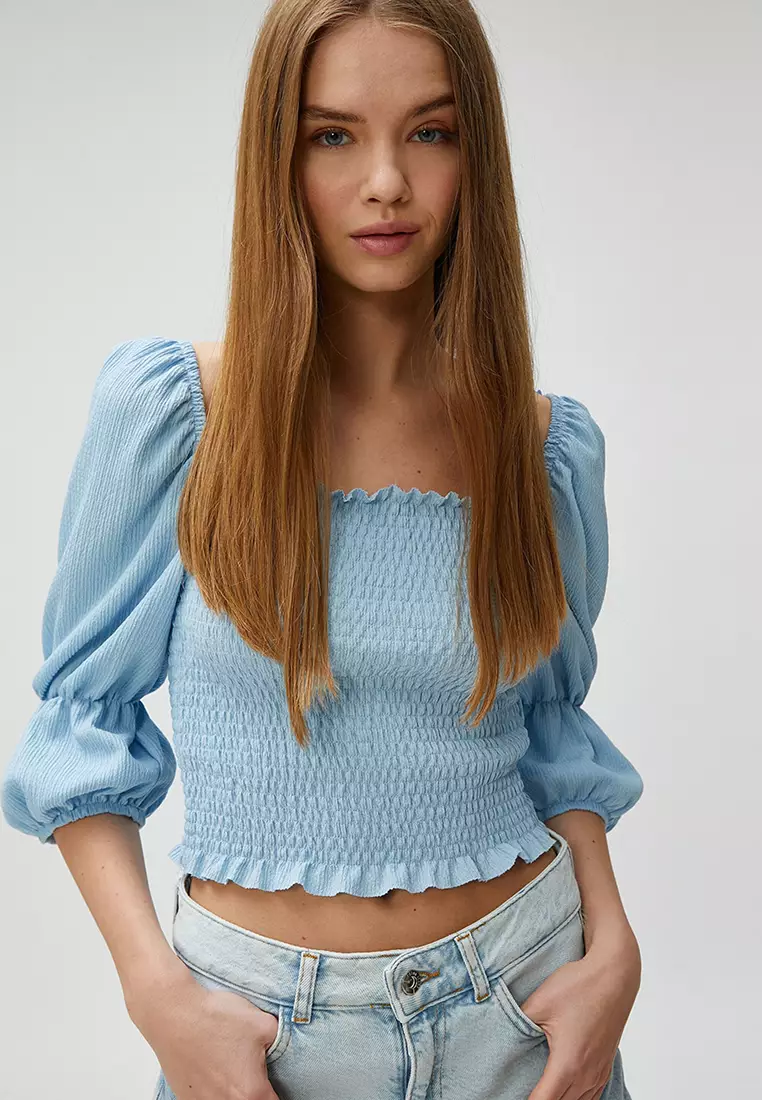 Express, Bow Puff Sleeve Corset Cropped Top in Light Yellow