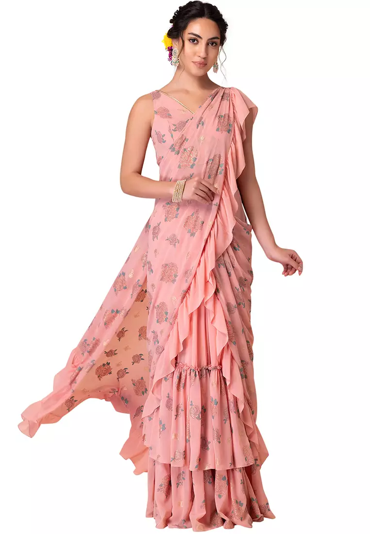Buy Indya Dusty Pink Floral Boota Saree Skirt Without blouse online