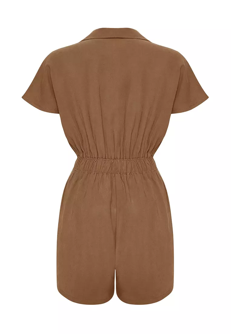Limited Edition Camel Elastic Waist Zipper Detailed Mini Jumpsuit