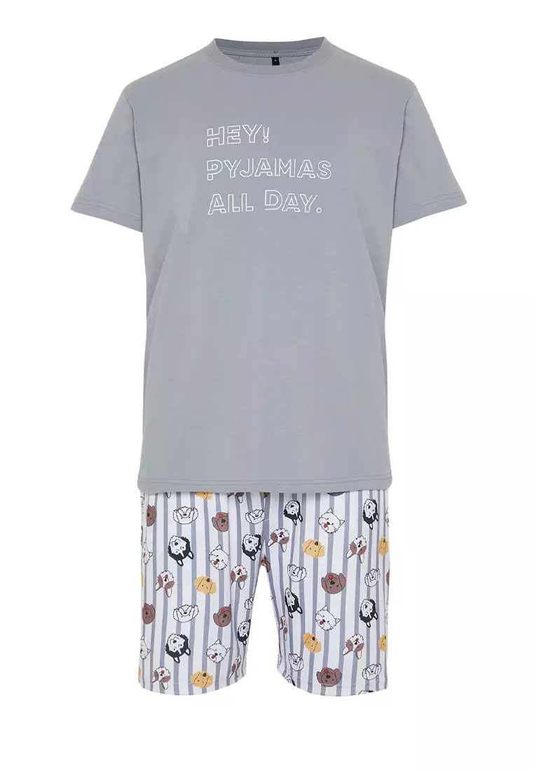 Gray Regular Fit Printed Knitted Shorts Pajamas Set TMNSS23PT00000