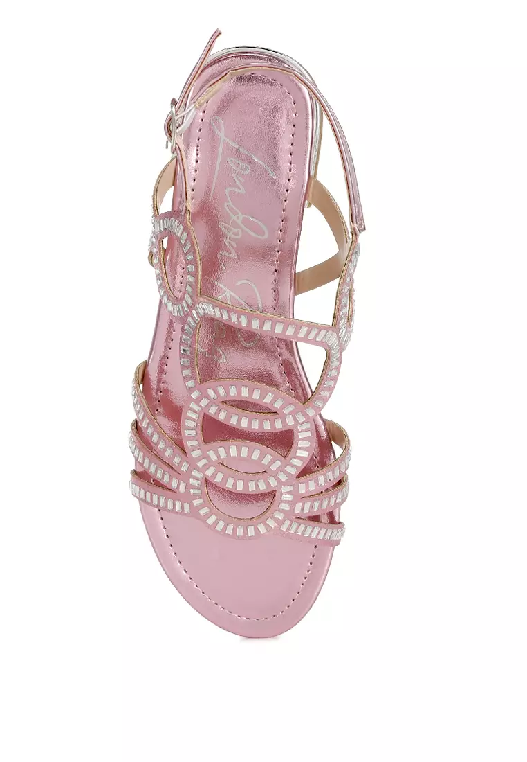 Sandal Datar Berlian Imitasi Detail Potongan Warna Pink