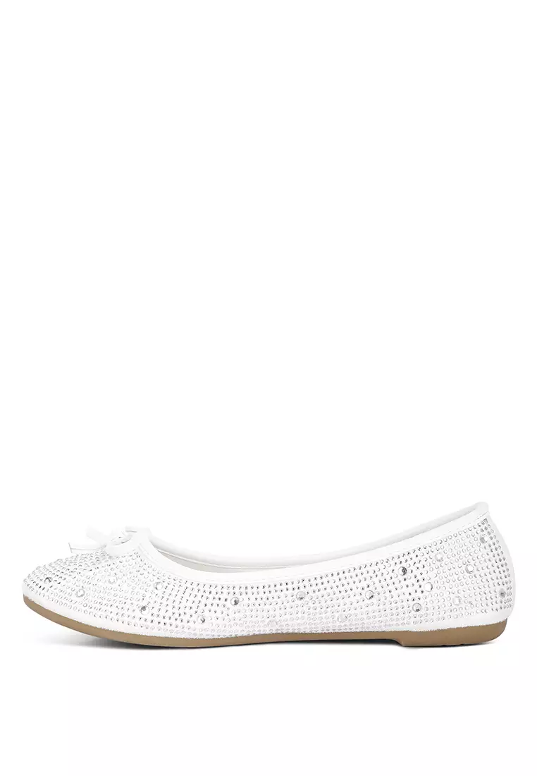 Off White Rhinestones Embellished Ballet Flats
