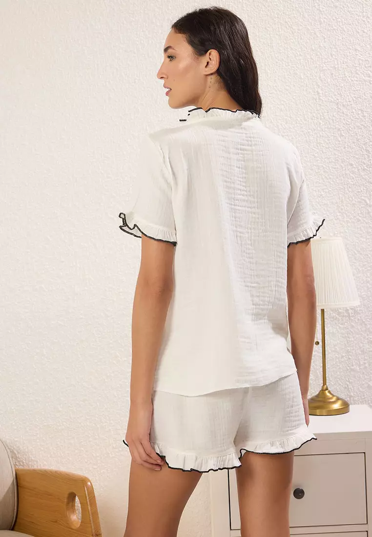 White 100% Cotton Frilled Muslin Shorts Woven Pajama Set Thmss25Pt00047