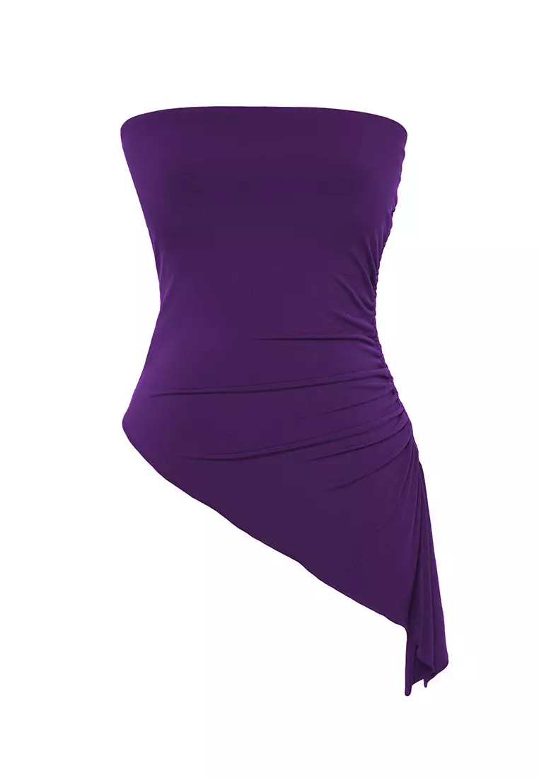 Purple Strapless Gathered Detail Fitted/Fits on the Body Flexible Knitted Blouse TWOSS24BZ00054