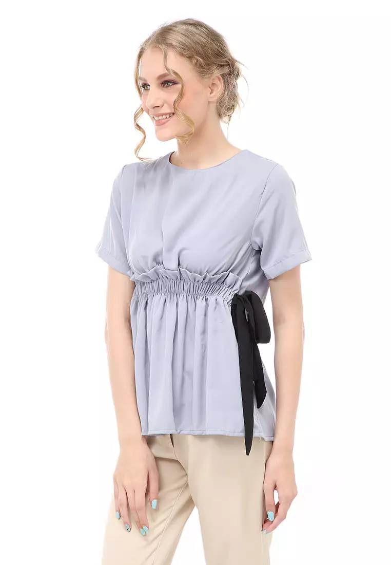 Cheva Blouse Atasan Wanita Kasual Pinggang Karet Pita Ikat Simple Material Wolfis ORIGINAL - Light Gray