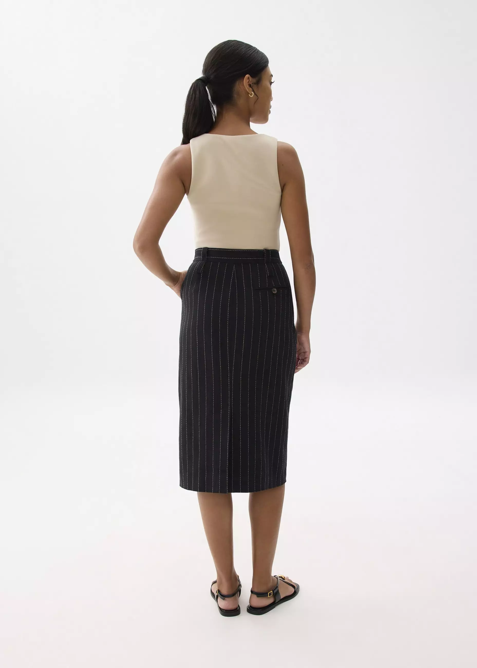 Rok Wanita - Striped Linen High Waist Column Midi Skirt