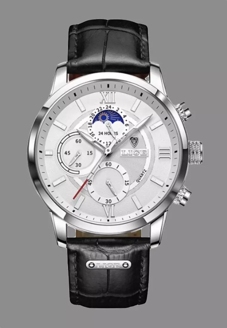 Chronograph, Unisex, Stainless Steel Quartz Watch 43mm, white dial, on Black Leather Strap