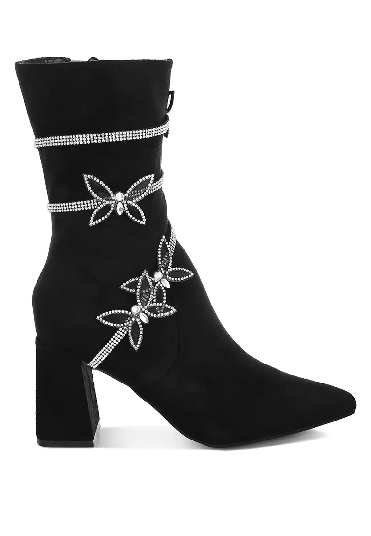London Rag Rhinestone Brooch Wrap-Around Boots In Black