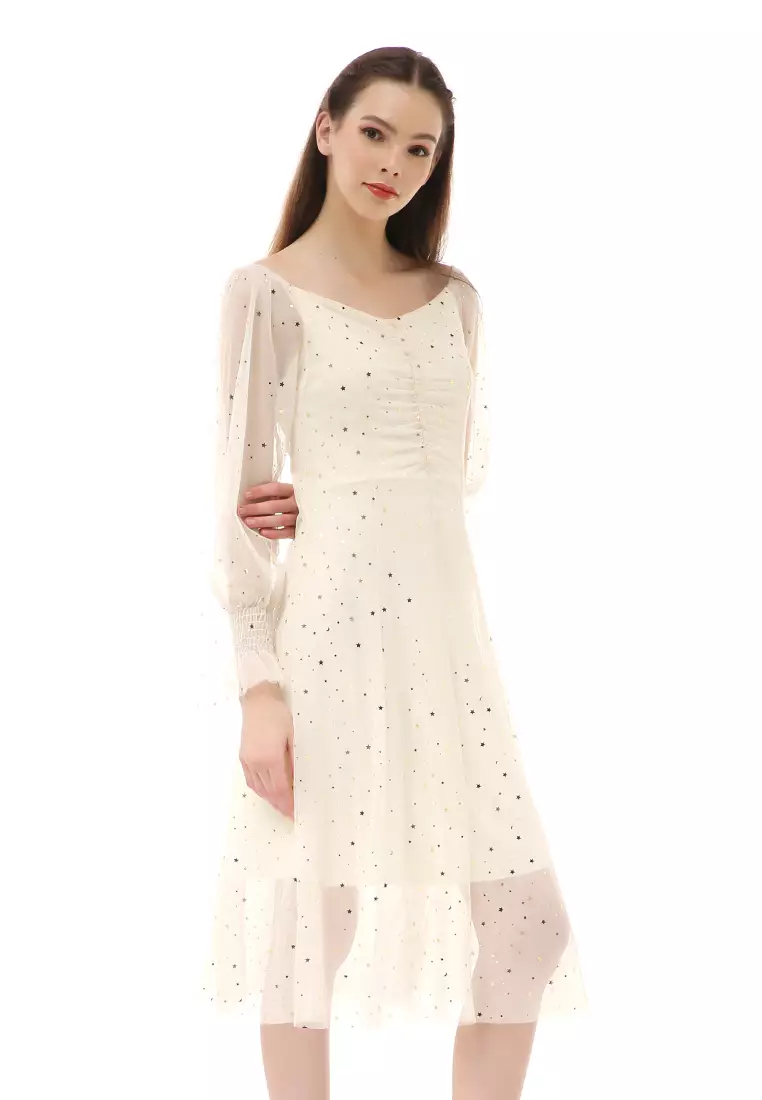 Rachel Dress Fashion Wanita Lengan Panjang Stylish Design Material Brukat ORIGINAL - Cream