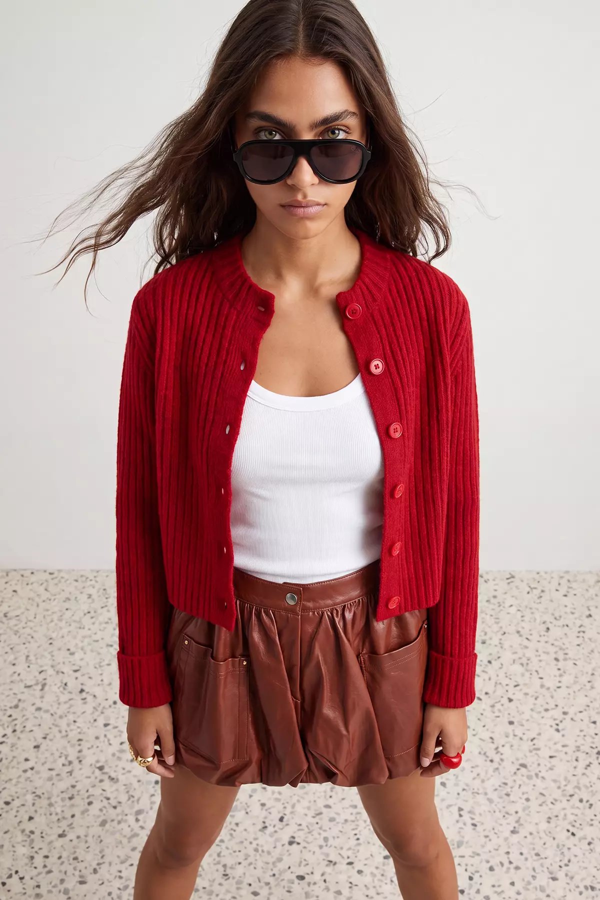 Red Crop Soft Textured High Neck Knitwear Cardigan Twoaw22Hi0174