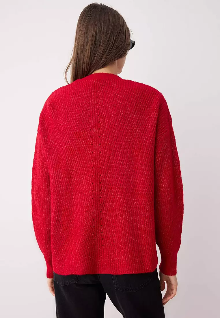 Red Wide Fit Soft Textured Pocket Detailed Knitwear Cardigan