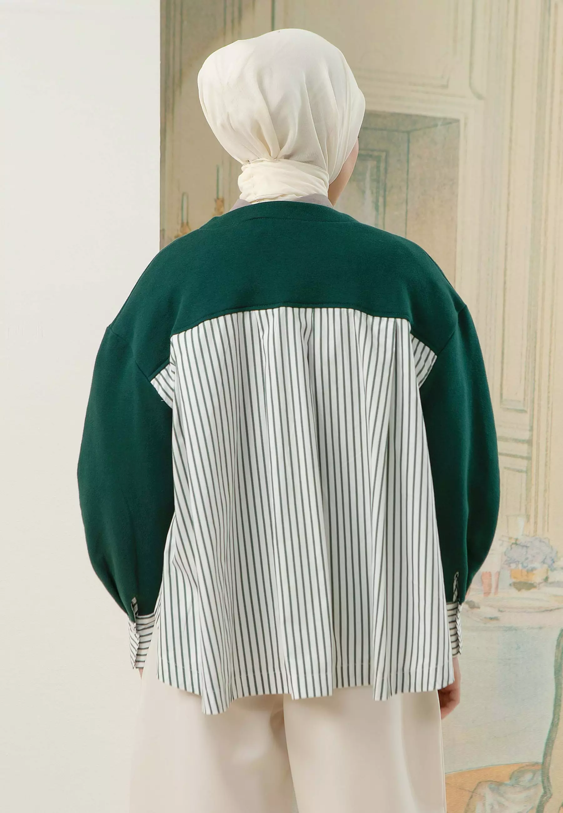 HijabChic Fleur Emerald Outerwear - Outer Katun Knit Premium Lembut Kombinasi Stripe Kasual Special Button