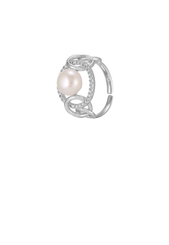 Glamorousky white 925 Sterling Silver Fashion Elegant Geometric Round Freshwater Pearl Adjustable Open Ring with Cubic Zirconia DD08CAC33A707DGS_1