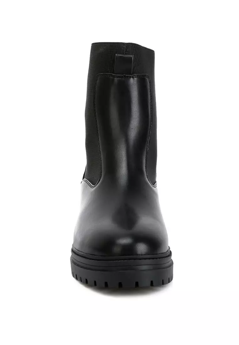 Black Faux Leather Chunky Chelsea Boots