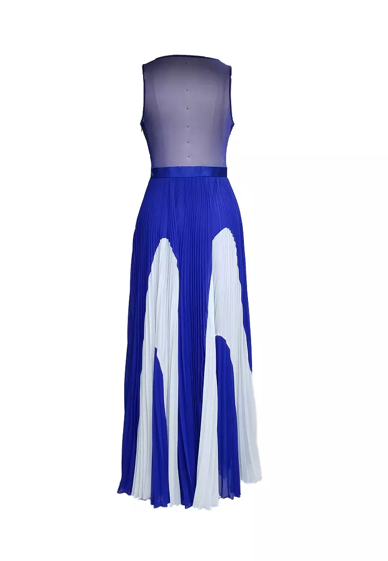 性感透視壓褶撞色雪紡連衣長裙